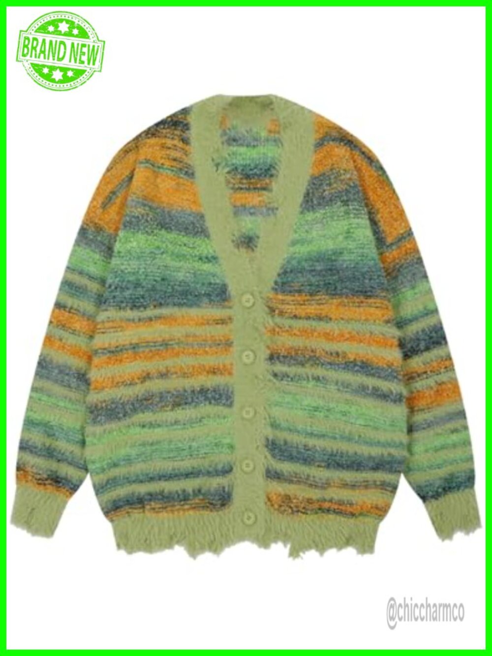 Oversized Striped Fuzzy V-Neck Button Down Cardigan Sweater